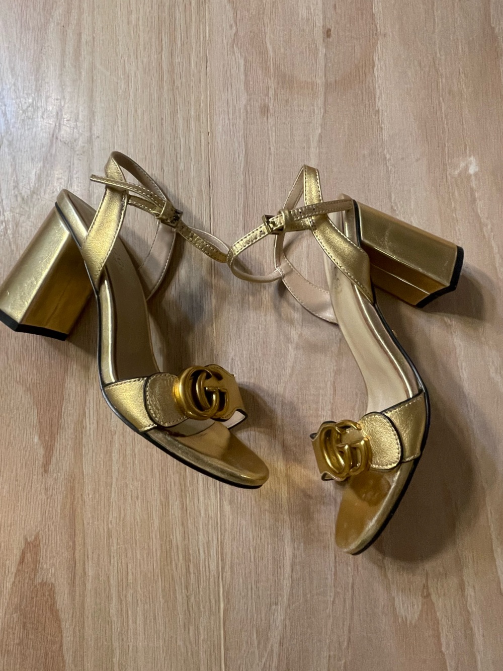 Gold Women's Block Heel Sandals with Double G Accent